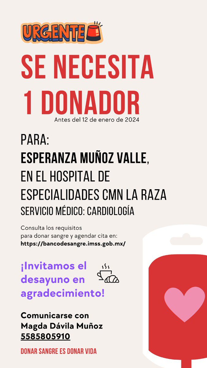 ¡Urge donadora o donador de sangre! es para mi tía.
La donación debe realizarse en el hospital La Raza en cdmx. Favor de difundir ❤️
 <a href="/_donavida/">Fundación Donavida</a>
