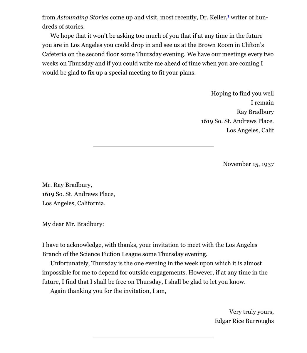 RayBradburyFan's tweet photo. From early pages in the wonderful new book, Remembrance: Selected Correspondence of Ray Bradbury:
17-year-old #RDB invites 62-year-old icon, Edgar Rice Burroughs, to speak to his Los Angeles branch of the Science Fiction League in America. #ERB makes a confession. https://t.co/dAm56qPlLy