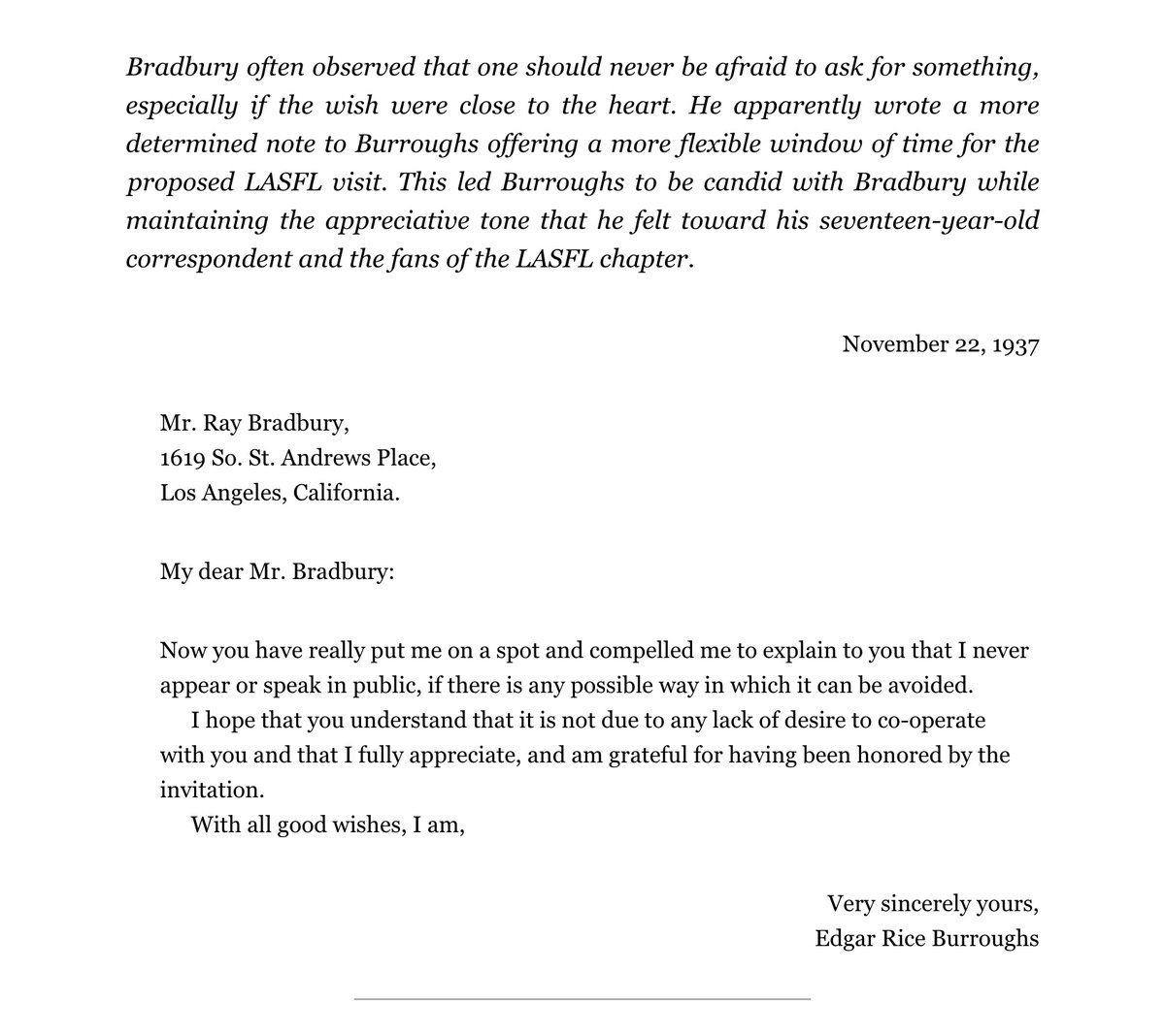RayBradburyFan's tweet photo. From early pages in the wonderful new book, Remembrance: Selected Correspondence of Ray Bradbury:
17-year-old #RDB invites 62-year-old icon, Edgar Rice Burroughs, to speak to his Los Angeles branch of the Science Fiction League in America. #ERB makes a confession. https://t.co/dAm56qPlLy