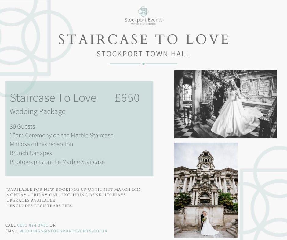 The Marble Staircase at Stockport Town Hall is one of our most popular spaces to say "I do".  It's understandable because it is STUNNING!  

To celebrate the new year we are launching a new package 'Staircase to Love'
To find out more or to view the Venue call 0161 474 3451.