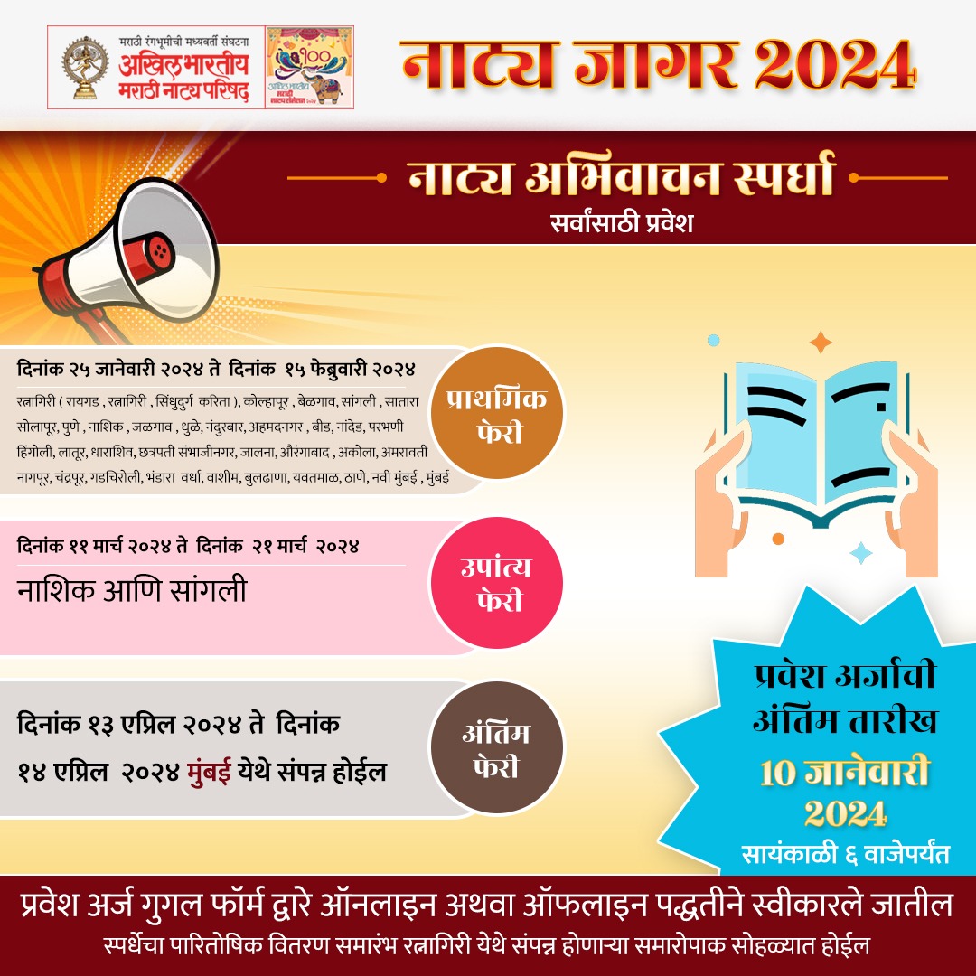 NatyaParishad's tweet photo. 100 वे अखिल भारतीय मराठी नाट्य संमेलन
नाट्यजागर : स्पर्धा - नाट्य अभिवाचन
नाट्य जागर स्पर्धा प्रवेश लिंक
नाट्य वाचन - https://t.co/f8AqwiJVGo
साविस्थर माहितीसाठी PDF download  करा :- https://t.co/R0MOmG1hSH
@prashantdamle61 https://t.co/6B2vjnMUrK