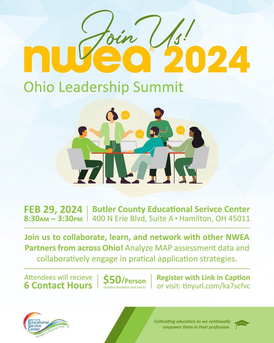 ButlerCountyESC's tweet photo. 🏫Join Ohio Leadership Summit on Feb 29 by Butler County ESC. Learn to leverage MAP data for effective decision-making &amp; instruction. Collaborate with educators, craft implementation plans, &amp; analyze data effectively. Register https://t.co/vq4kDgcnu0 #Proud2BCESC @NWEA @oesca https://t.co/F4BndwYJDL