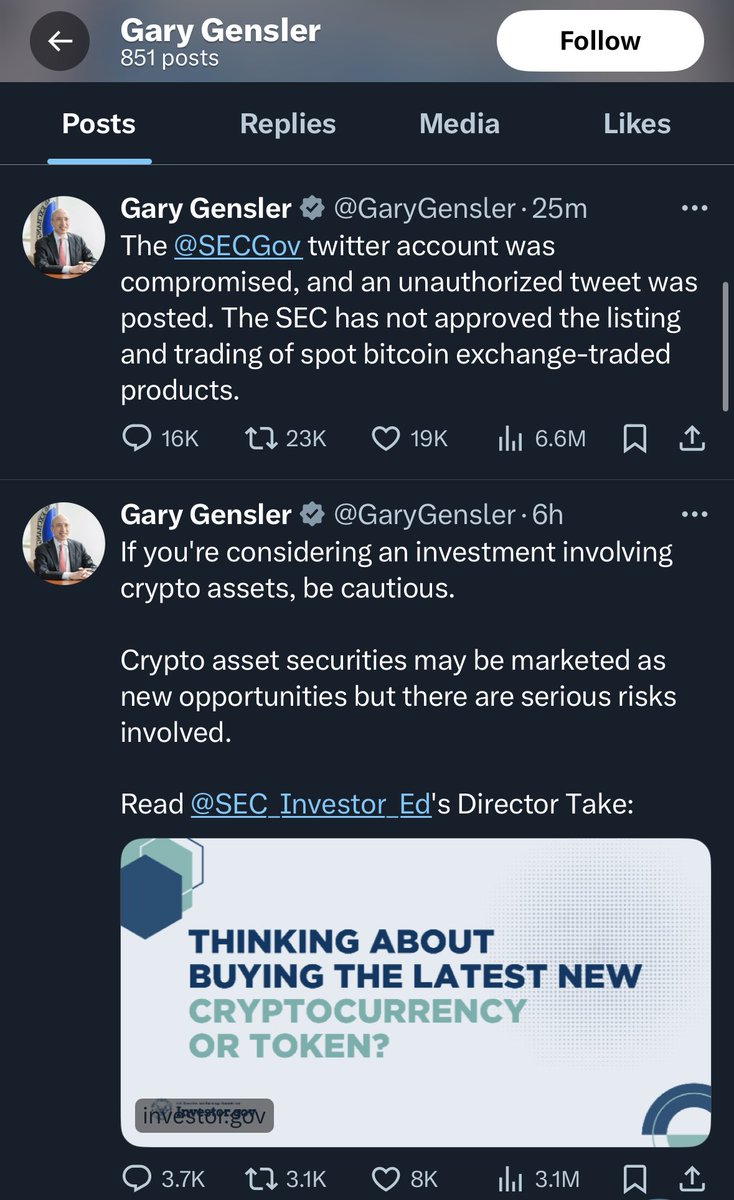 Gary Gensler warns investors to be cautious of crypto assets Less than 6 hours later the SEC official Twitter account is compromised due to lack of security Incredible