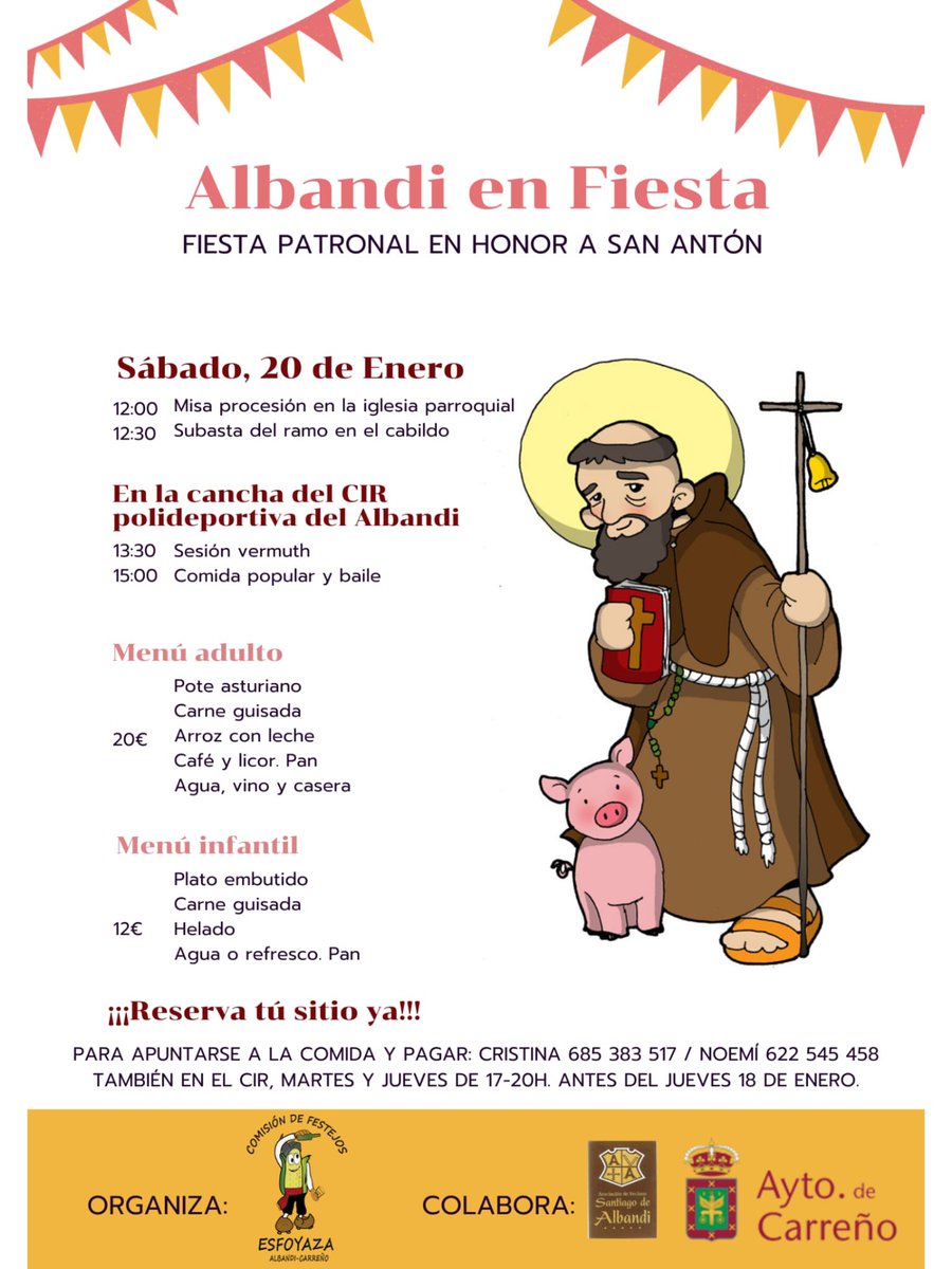 CAlbandi's tweet photo. ¡Que comiencen las primeras fiestas de "prao" 2024!
Aquí os dejamos el cartel con toda la info, además como siempre sorteos y mucha diversión.
Os esperamos a todos con muchas ganas. ¡Ya podéis inscribiros a la comida popular! 
#Albandi #Fiesta #Carreño #Comida #SanAnton https://t.co/jBiq1RVpBz