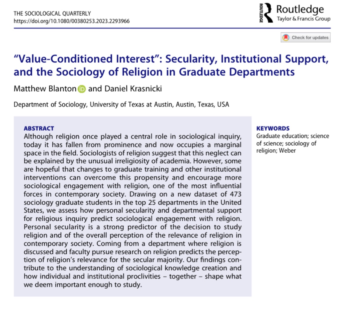 Matthew_Blanton's tweet photo. 🚨New study alert!🚨

In our new article in @socquarterly, we share analysis of a new survey with #sociology graduate students on religion and the sociology of religion (N=473).
For the sake of brevity, our main findings were:
 1/ https://t.co/O4US5ETyMu