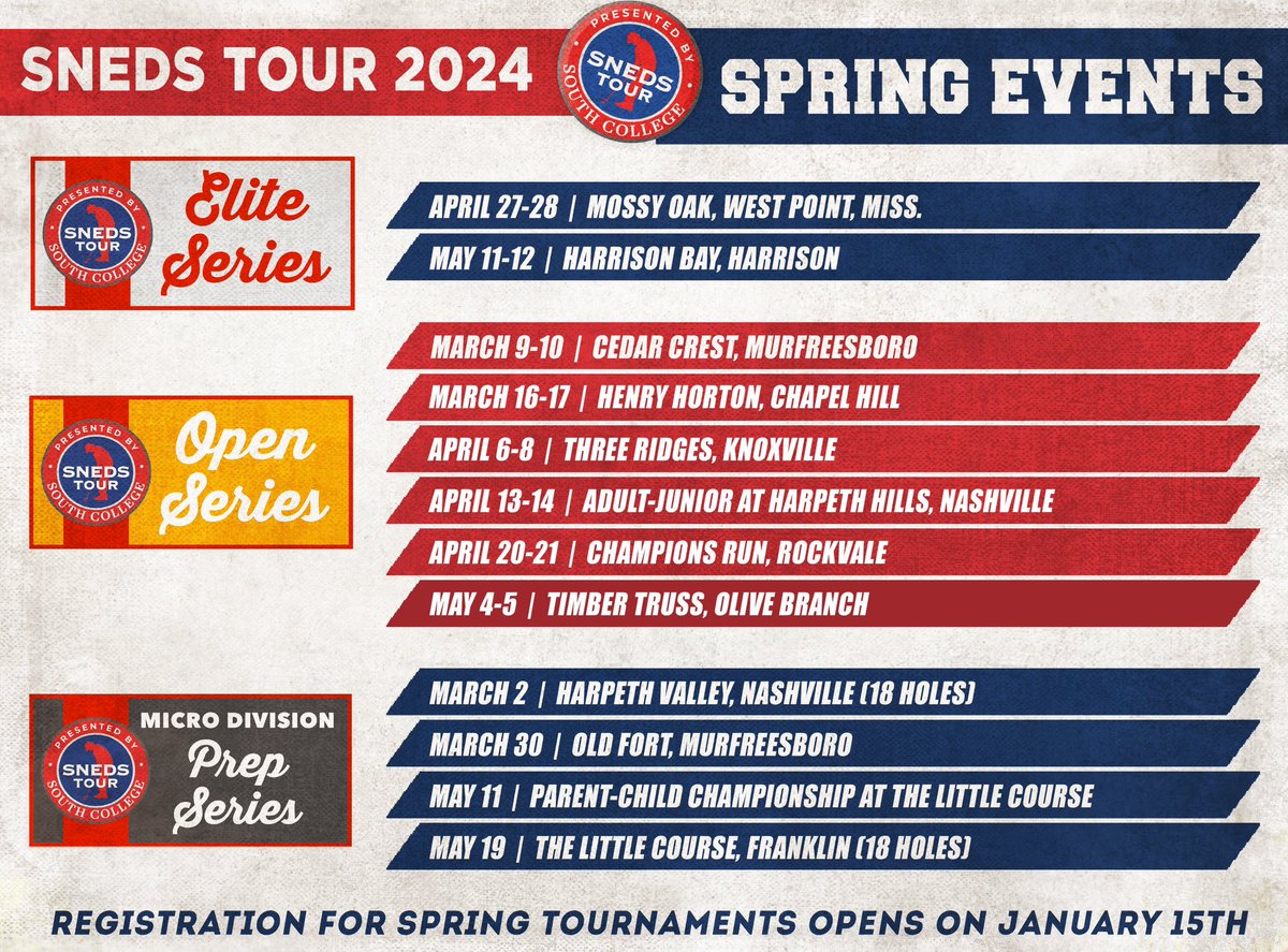 ⚠️ Registration for #SnedsTour24 spring tournaments opens this Monday at 8 am CT/9 am ET! Make sure you have your 2024 membership and are ready to go as tournaments will fill up quickly! We look forward to seeing you on the course in the new year!