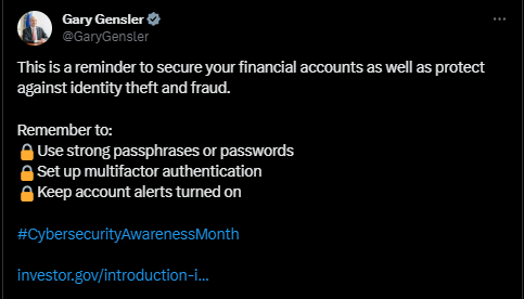 This is a reminder to secure your financial accounts as well as protect against identity theft and fraud.  

Remember to: 
🔒Use strong passphrases or passwords 
🔒Set up multifactor authentication 
🔒Keep account alerts turned on

#CybersecurityAwarenessMonth…