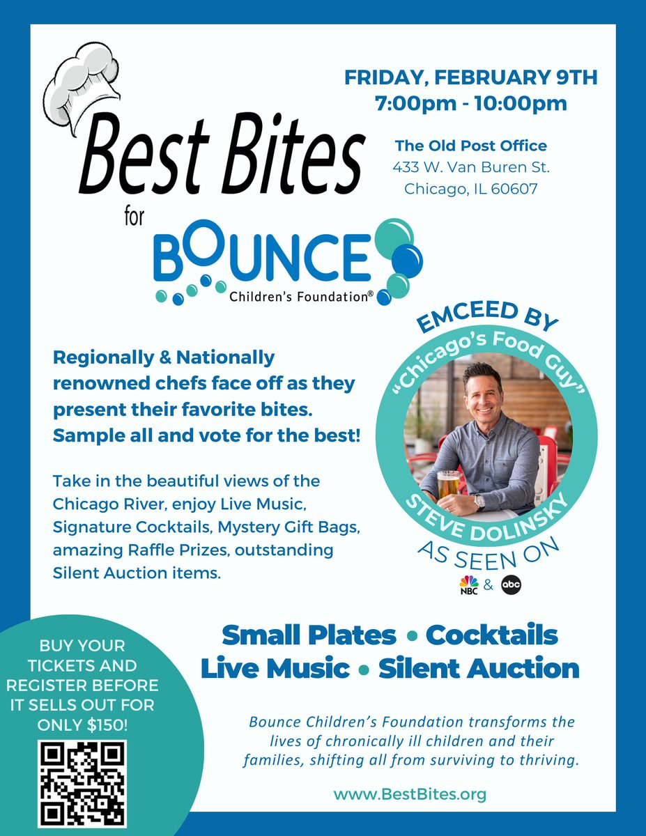 We are one month away from Best Bites for Bounce! Join us February 9 at The Telegram Lounge of the Old Post Office for a night to remember with renowned chefs, drinks, and live music! 🍽

Tickets available at bestbites.org

#bestbites #chicago #foodies #fundraiser