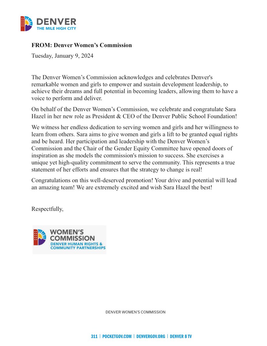 DWC360's tweet photo. On behalf of the Denver Women's Commission, we celebrate and congratulate Sara Hazel in her new role as President &amp; CEO of the Denver Public School Foundation! https://t.co/lI3njRKvF6