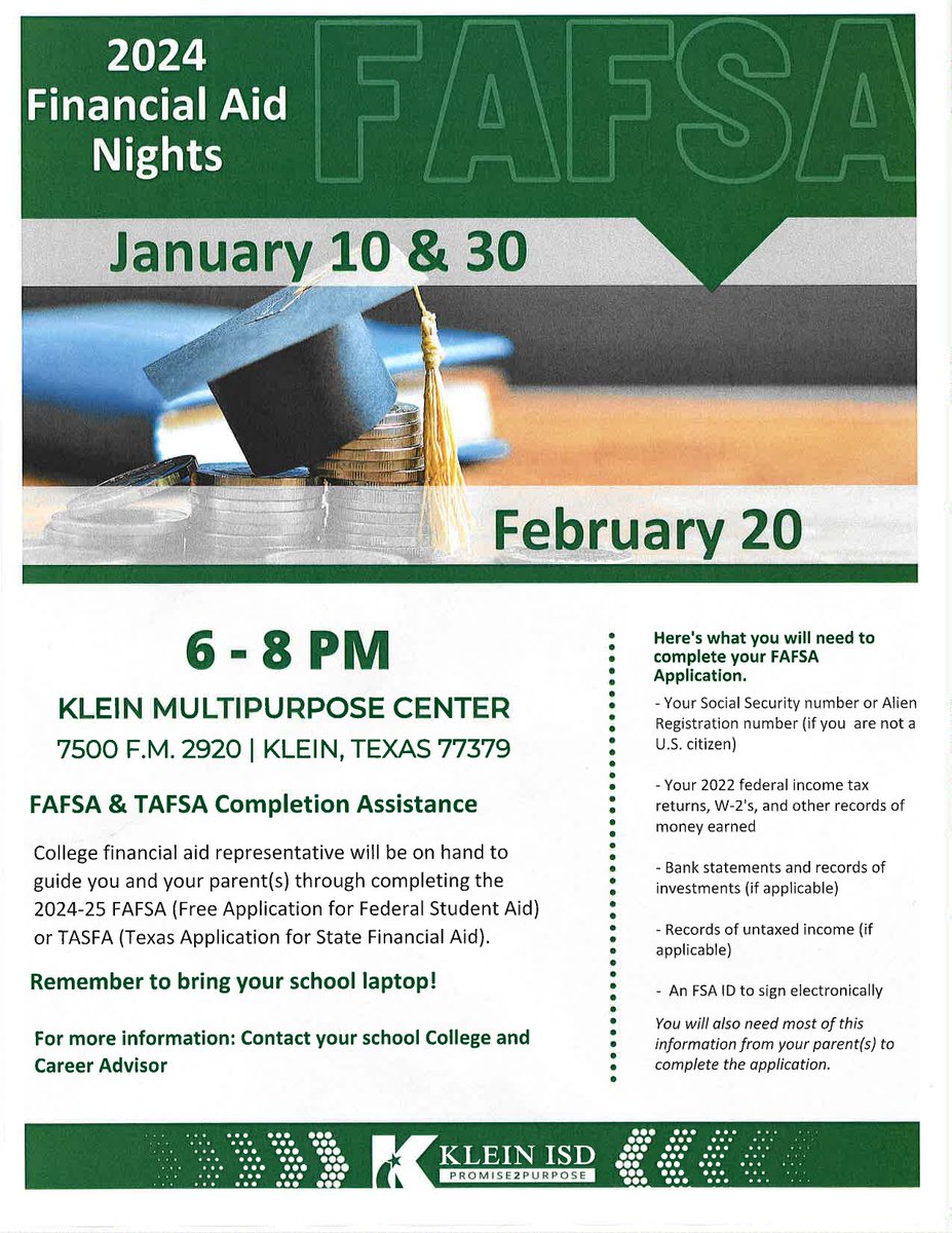 Hey Seniors! Please make plans to attend one of these financial aid nights. Representative will be on hand to answer any questions and provide assistance with the new FAFSA form. #beprepared