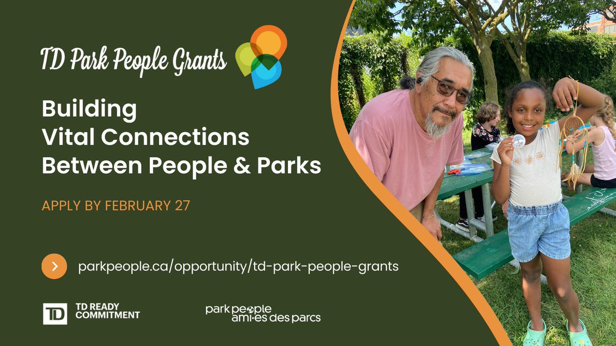 Park People / Ami·es des parcs (@park_people) on Twitter photo Applications are now open for #TDParkPeople Grants 2024! 70 #grants of $2,000 are given to community groups and organizations to host 2 #park events across Canada.
Apply by February 27: parkpeople.ca/opportunity/td…
<a href="/TD_Canada/">TD (Canada)</a> #TDReadyCommitment Applications are now open for #TDParkPeople Grants 2024! 70 #grants of $2,000 are given to community groups and organizations to host 2 #park events across Canada.
Apply by February 27: parkpeople.ca/opportunity/td…
<a href="/TD_Canada/">TD (Canada)</a> #TDReadyCommitment