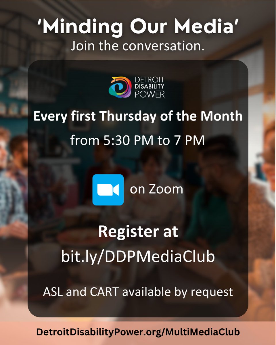 'Minding Our Media' is a discussion club that expands our discussion beyond the borders of a book and into multiple forms of media that reflect all the intersections of the disabled experience.

Join the conversation!

Register at bit.ly/DDPMediaClub