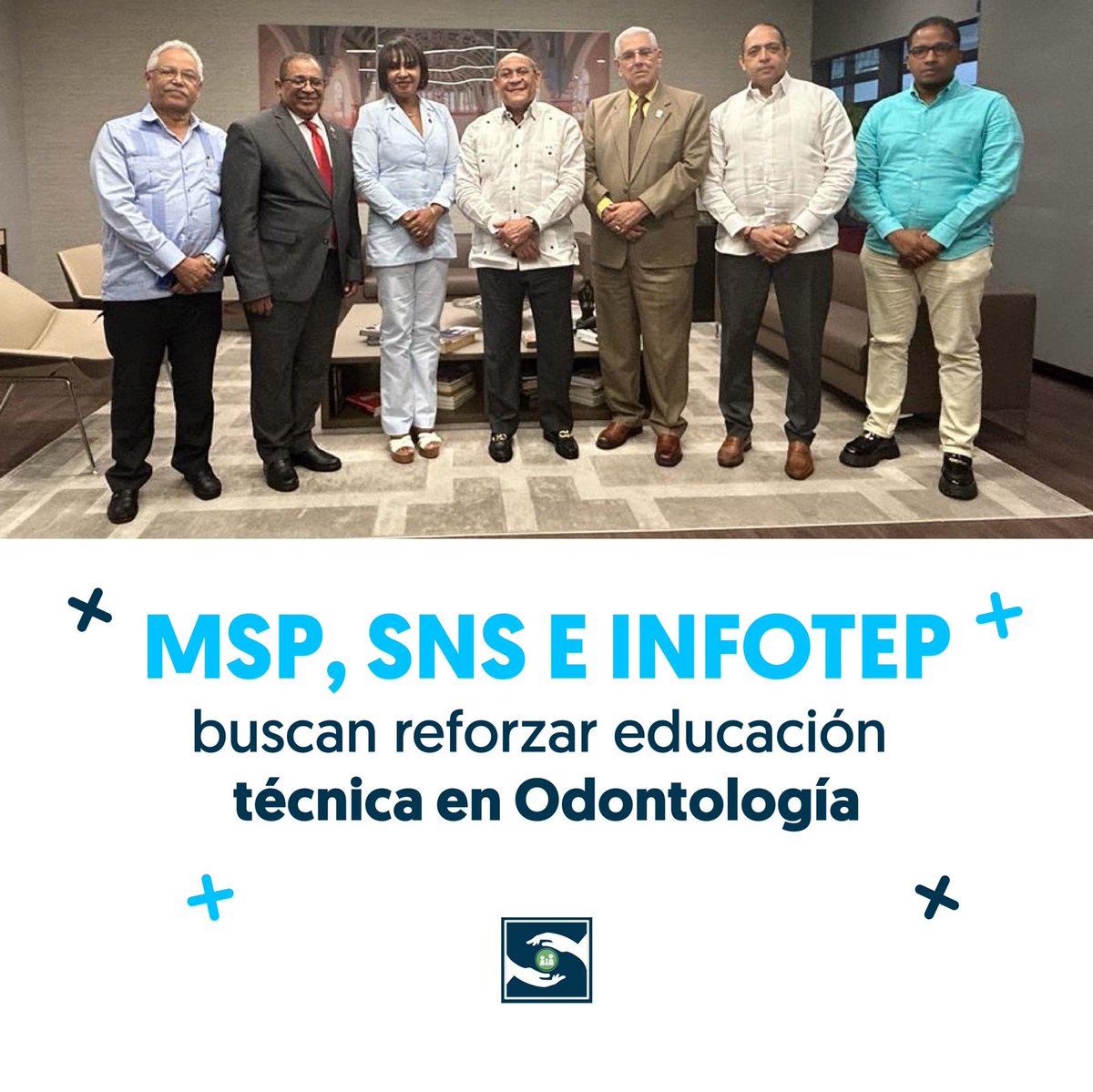 SNSRDO's tweet photo. Un equipo de la Dirección de Odontología del SNS, encabezada por el dr. Mario Bournigal, sostuvo una reunión con el director de INFOTEP, @Rafael_badia  y el viceministro de Salud, @drJoseMatos, para tratar temas relacionados a la formación de auxiliares y laboratoristas dentales. https://t.co/fTs64Xakka