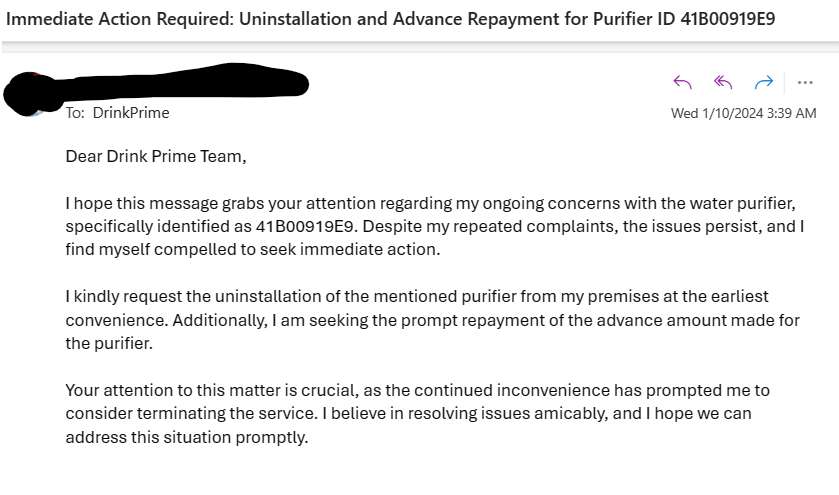 CinemaIover92's tweet image. @DrinkPrime  
 Ongoing issues with my purifier (ID 41B00919E9) persist despite multiple complaints.

Requesting immediate uninstallation &amp;amp; repayment of the advance amount.

#CustomerService #ResolutionNeeded #DrinkPrimeIssues