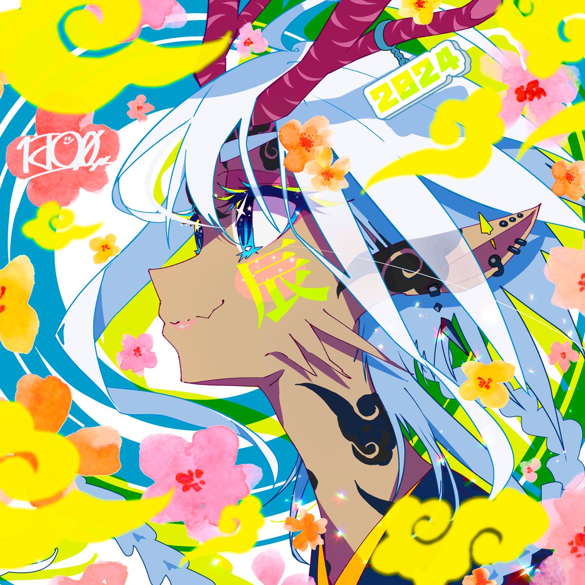 solo horns pointy ears 1girl flower white hair blue eyes  illustration images