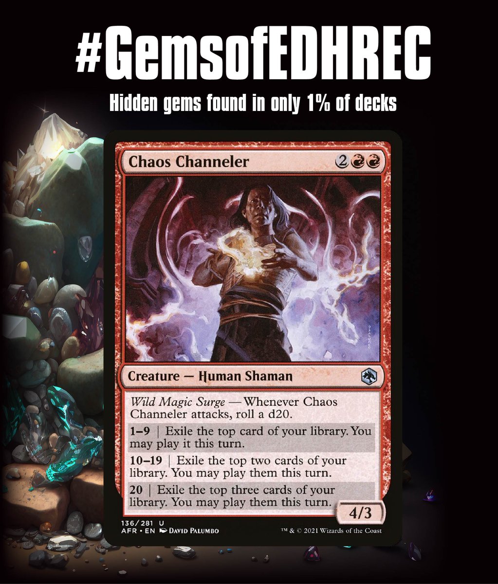 edhrec's tweet photo. We missed yesterday, so we're bringing you two #GemsofEDHREC tonight.
Chaos Channeler punches above it's weight; 50% of the time you're exiling two extra cards. Pair this with the increased amount of exile synergy we're seeing, and you're good to go. https://t.co/VxmqAohHvW