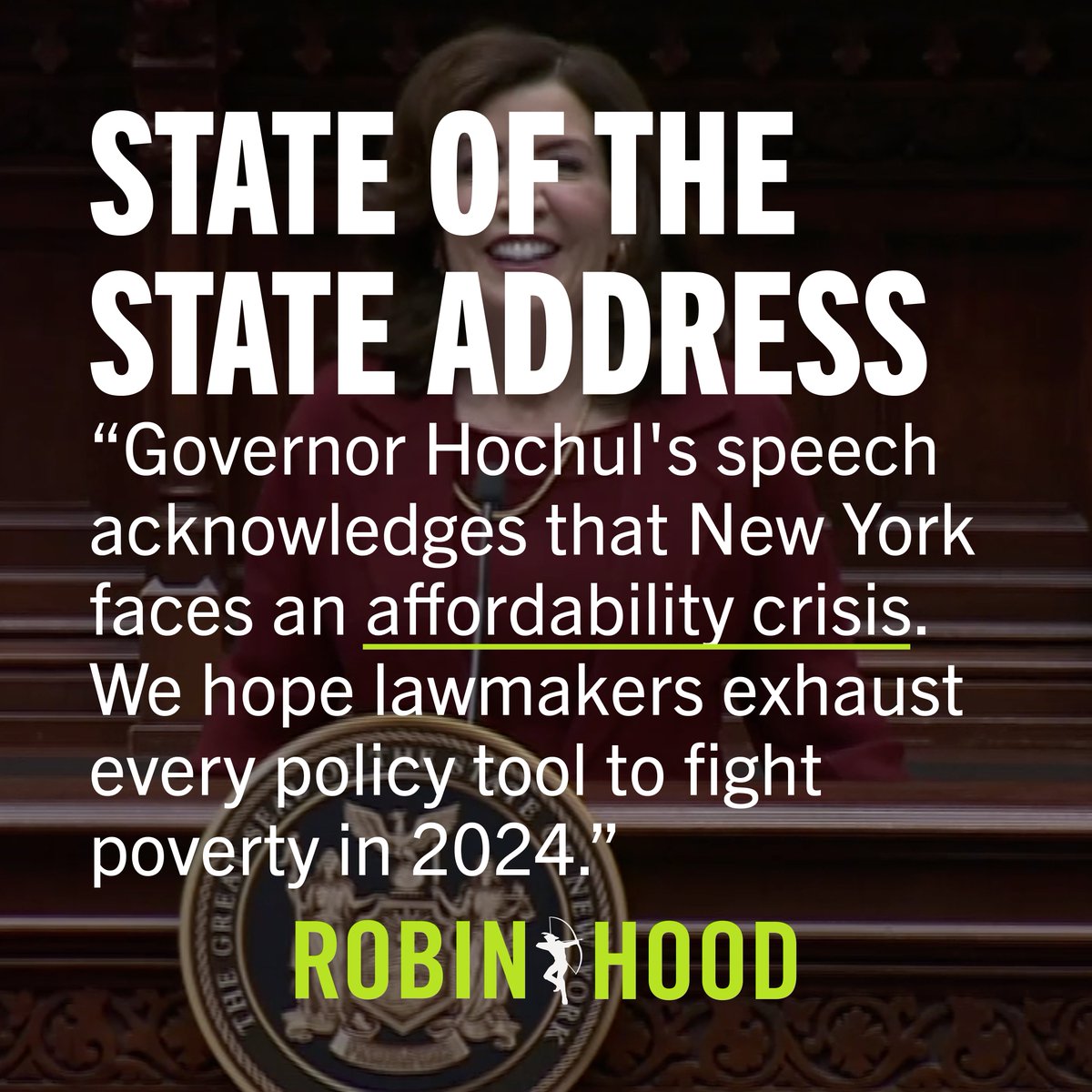 Today, Governor Hochul acknowledged what too many New Yorkers know to be true: The Empire State is deeply unaffordable for millions of families. 🔗 Read the statement from @RichardBuery: robinhood.org/statement-from… #SOTS2024 #PovertyAwarenessMonth #FightPoverty