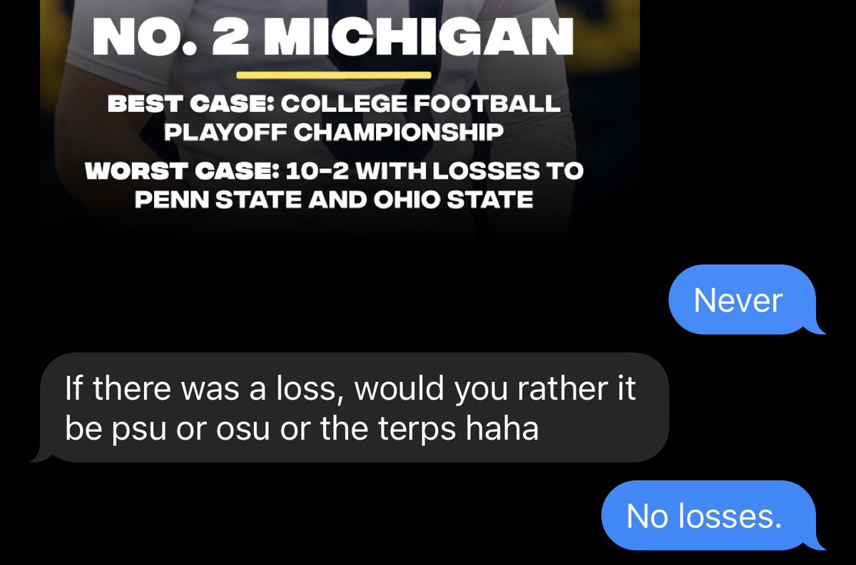 _courtside11's tweet photo. Conversation between me and a friend on August 24th… versus last night. GO BLUE @UMichFootball #NationalChampionship #MichiganVsEverybody https://t.co/QGRuhmph9T