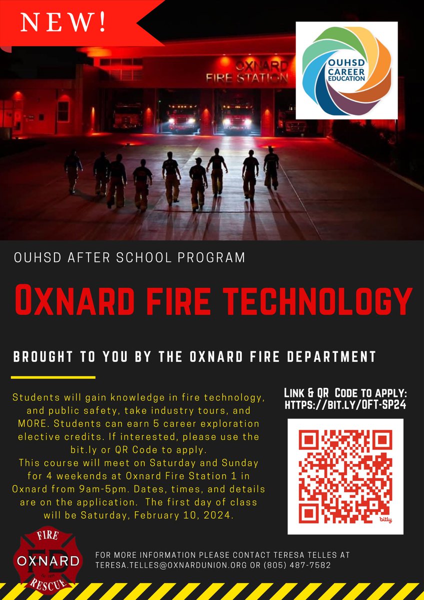 After School Program applications are open! Earn career exploration credit while learning about careers in Auto, Engineering, Global Trade, and Law Enforcement! We also wanted to introduce our NEW Oxnard Fire Tech program space is limited #afterschoolprograms @OxnardUnion