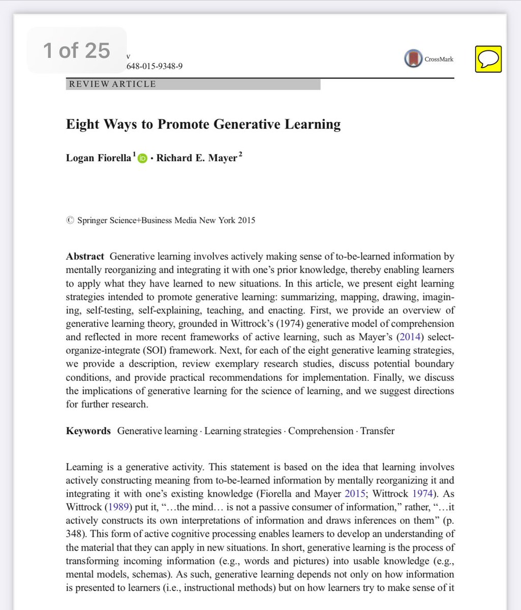 MrZachG's tweet image. This article presents eight learning strategies: summarizing, mapping, drawing, imagining, self-testing, self-explaining, teaching, and enacting. My favorite parts are the discussions of how and when these strategies may be effective or cease to work 

bootcampmilitaryfitnessinstitute.com/wp-content/upl…