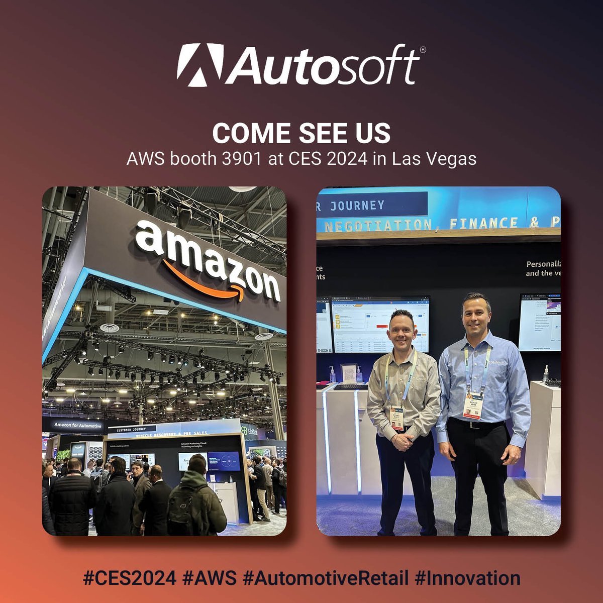 AutosoftDMS's tweet image. We are excited to be at #CES2024 in the @awscloud  booth 3901 in Las Vegas, January 9-11. Come see how #Autosoft is helping power automotive retail! We&apos;ll be showcasing this amazing end-to-end experience that creates an integrated car buying experience. go.autosoftdms.com/AWS-Autosoft