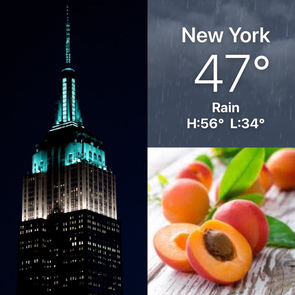 Sunset was at 4:46PM where a #SevereWeatherWarning is in effect with very high winds expected! The @EmpireStateBldg is lit in Teal & White in celebration of the @thepwhlofficial season opener @UBSArena as #FruitFans celebrate #NationalApricotDay🍑 @NationalDayCal @NY1weather