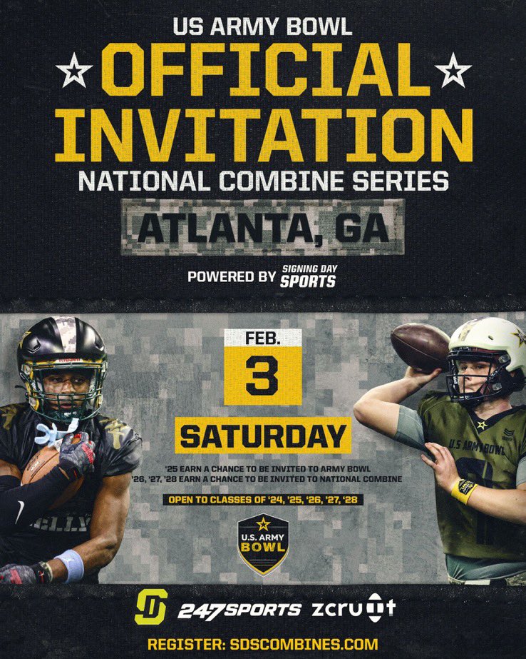 I would like to say I am extremely blessed and honored to receive an official invitation to the US ARMY BOWL combine series . #AGTG #GOMS @MattSeiler_SDS @jrutkowski288 @ArmyFB_Recruit