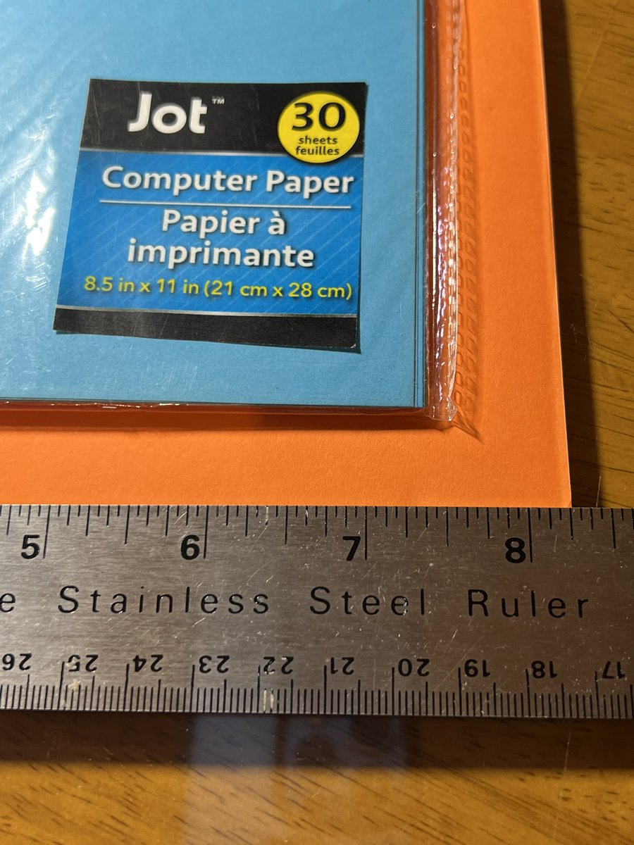 BrianHarder's tweet photo. @DollarTree This product is misleading. Jot papers is cutting corners and f**king us both. Supposed to be 8.5 x 11 and is only 8.25 x 11. Unrecognized in my printer as it is not a standard size. https://t.co/bqtd9va8Eg