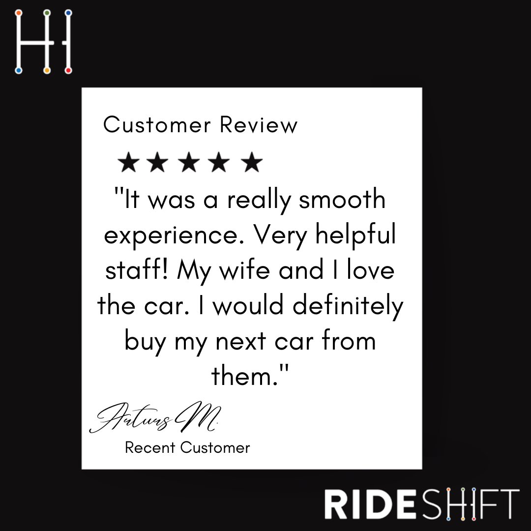 Rideshift's tweet image. We are thrilled to hear it Arturs, thank you for sharing the great 5 star review, our team strives to make the car buying process convenient and seamless every day!

Find out what sets RideShift apart from the competition: bit.ly/40XiiFI

#5Stars #ShopOnline #RideShift