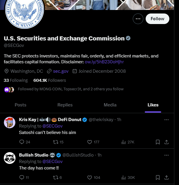 This were the last 2 likes the Official SEC account had when supposedly hacked, now they are gone. 😂
Thank god I screenshotted this 😂#bitcoin #sec #crypto