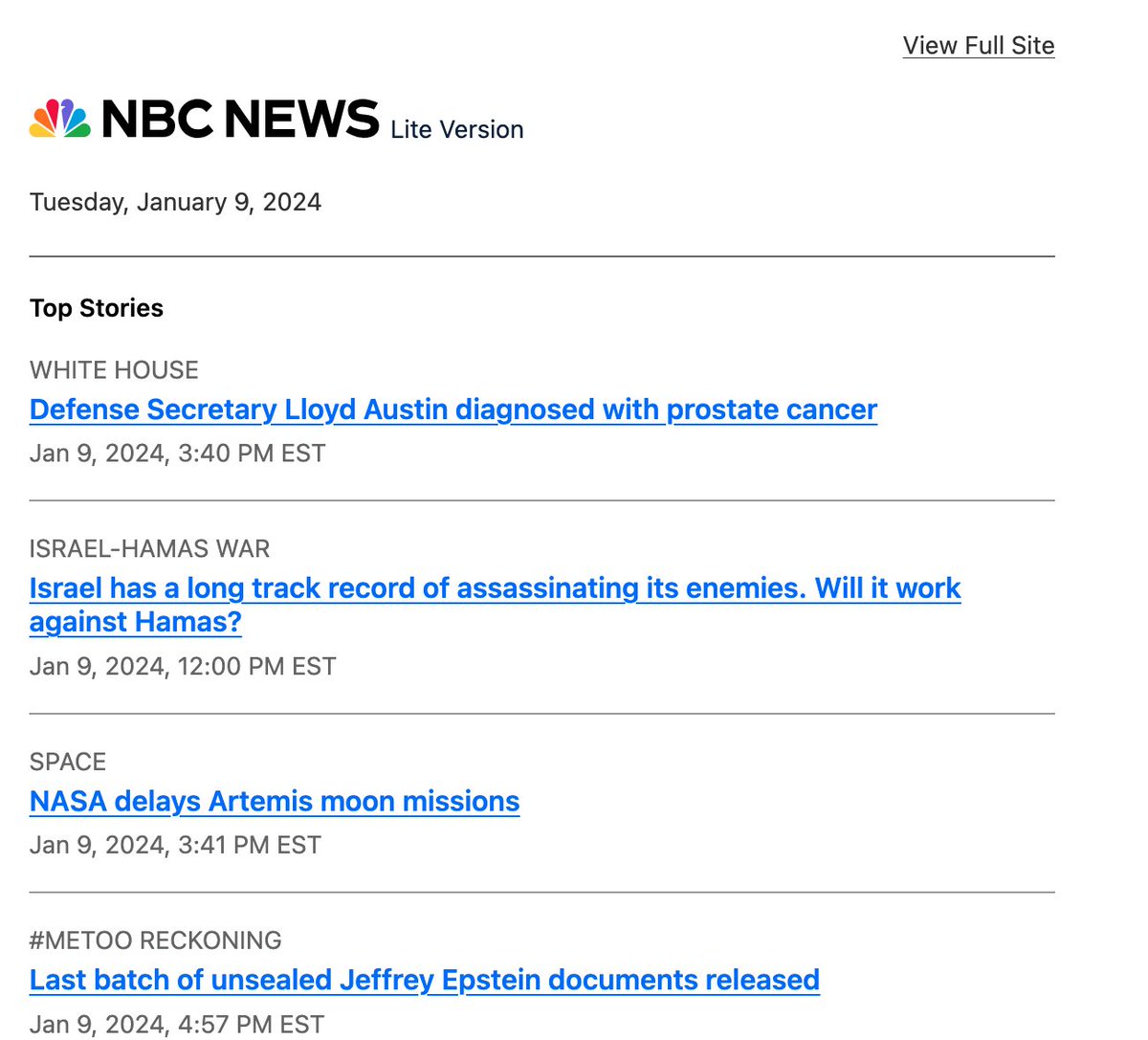 The low-connectivity version of NBC News lite.nbcnews.com is live for the next ~24 hours for readers in five states: New York, New Jersey, Connecticut, Massachusetts and Rhode Island. If you're curious what that looks like, here's a screenshot of the homepage.