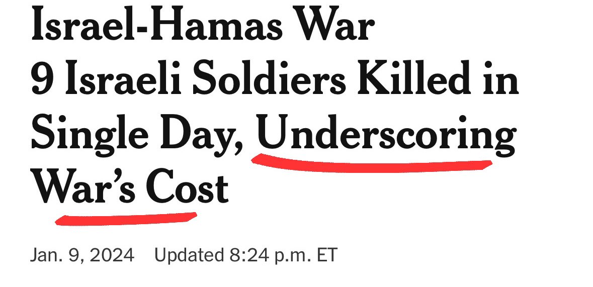 NYT doesn’t cover the executions, the rounding up, stripping & torture of Palestinian men & boys; the massacres. It doesn’t cover the daily Israeli calls for genocide. Because this is what it sees as the ‘tragedy’ of it all - the cost to Israel, the cost to the genocidaires.