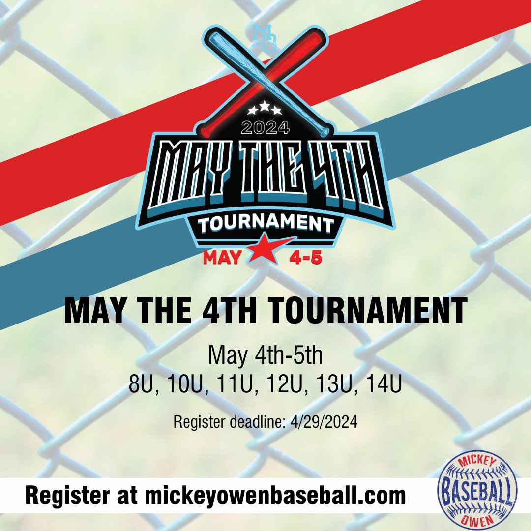 mickeyowenball's tweet photo. ⚾️ TOURNAMENT TUESDAY: May the 4th ⚾️

•When: May 4-5th, 2024
•Divisions: 8U, 10U, 11U, 12U, 13U, 14U 

Register today➡️ https://t.co/rpIGReIYtc

Message us with any questions! https://t.co/ujtX8J0gOX