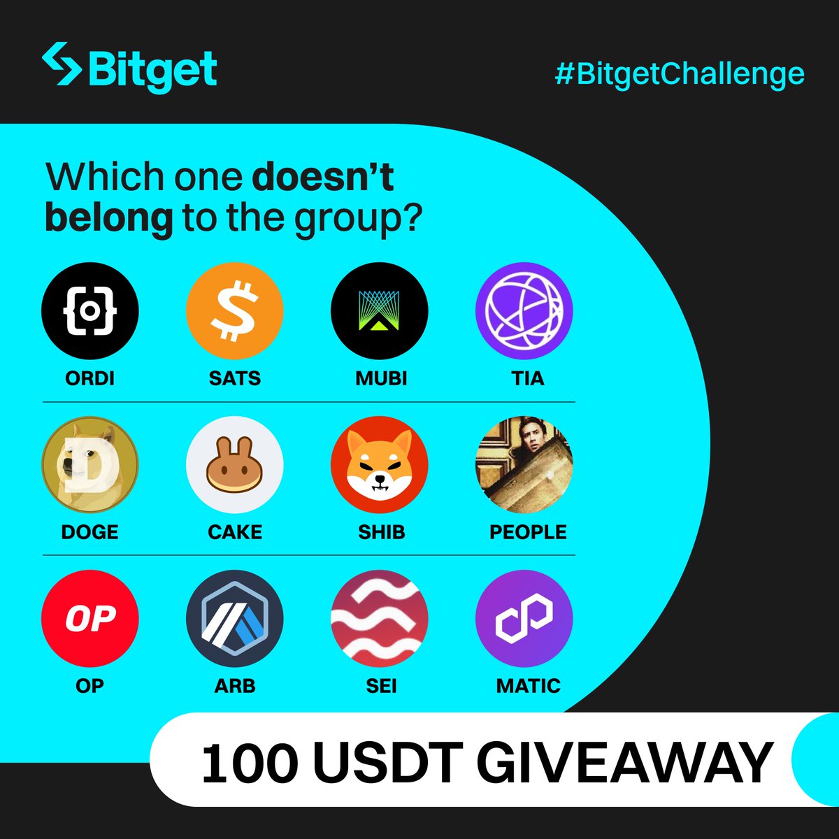 1⃣0⃣0⃣ USDT GIVEAWAY! 

🧐 Which #crypto doesn't belong to the group? 

🔹Comment your answer using #BitgetChallenge 
🔹Follow <a href="/bitgetglobal/">Bitget</a> , RT &amp; tag friends 
🔹5 winners * 20 $USDT