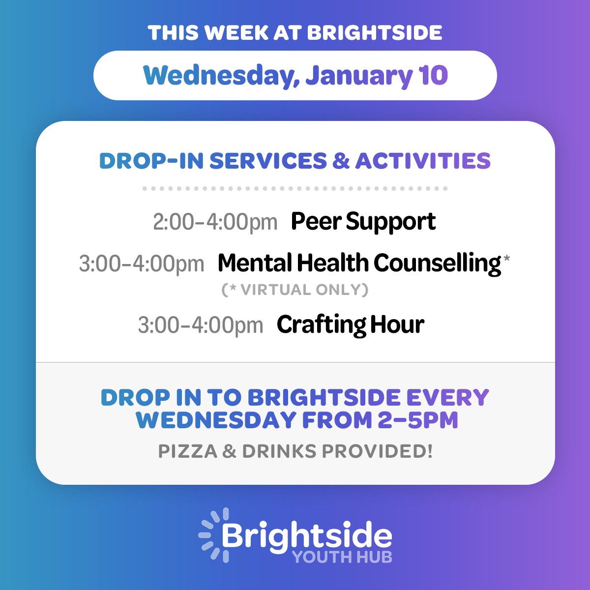 BrightsideYouth's tweet photo. This week π Wednesday, January 10th #AtTheBrightside βοΈ 40 Metcalf Street, Woodstock, ON (@ces_oxford site) starting at 2pm. More details on our website: https://t.co/x01w38LxHL π€ @_wellkin @WdskHospital @cmha_tv @_OCL https://t.co/kid84zhxMH