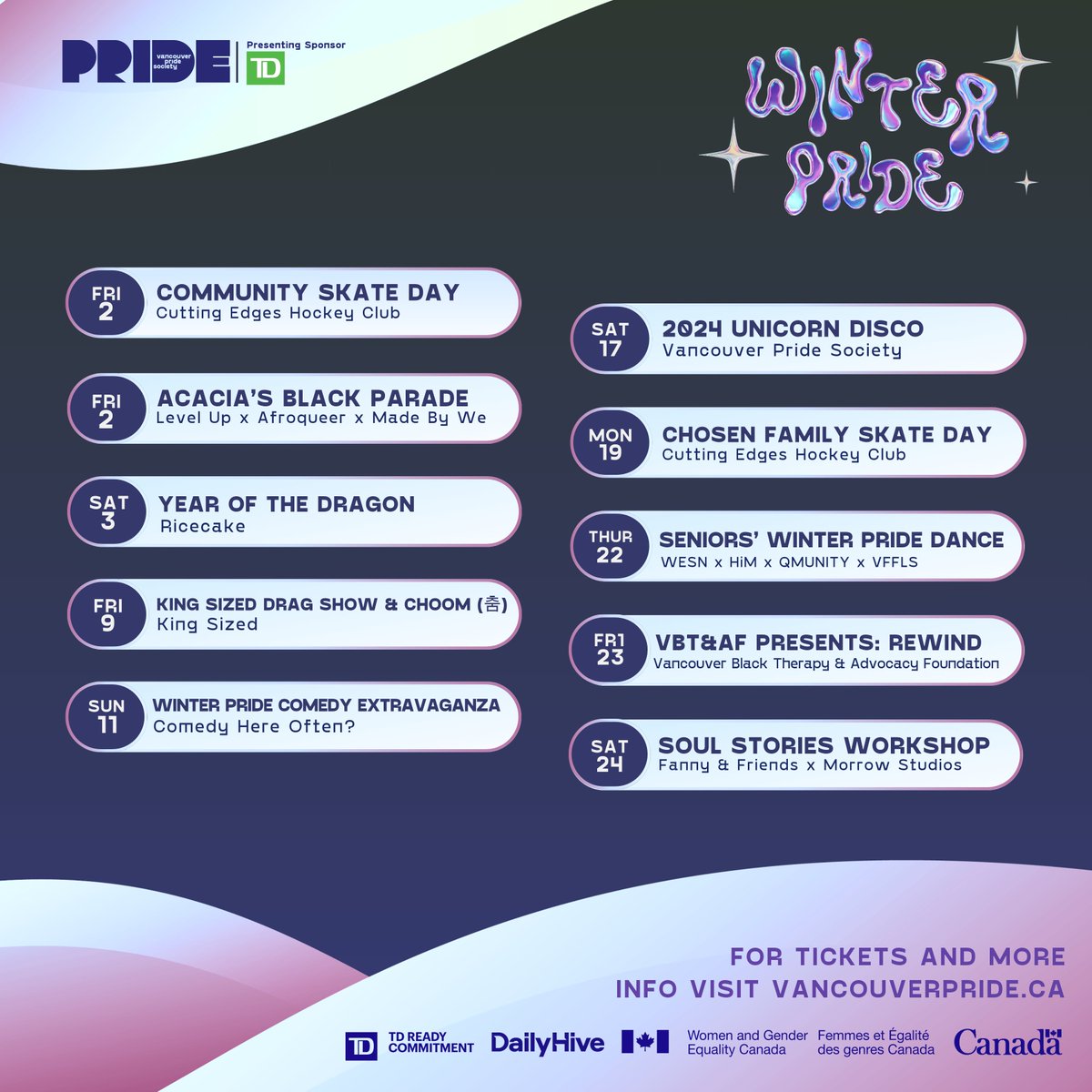 vancouverpride's tweet photo. ❄️🌈 Winter Pride is around the corner, and we're thrilled to unveil our spectacular festival lineup! Mark your calendars and get ready to make unforgettable memories at these events, crafted in collaboration with our amazing partners✨ #WinterPride2024 https://t.co/JY0Ue8zYgg
