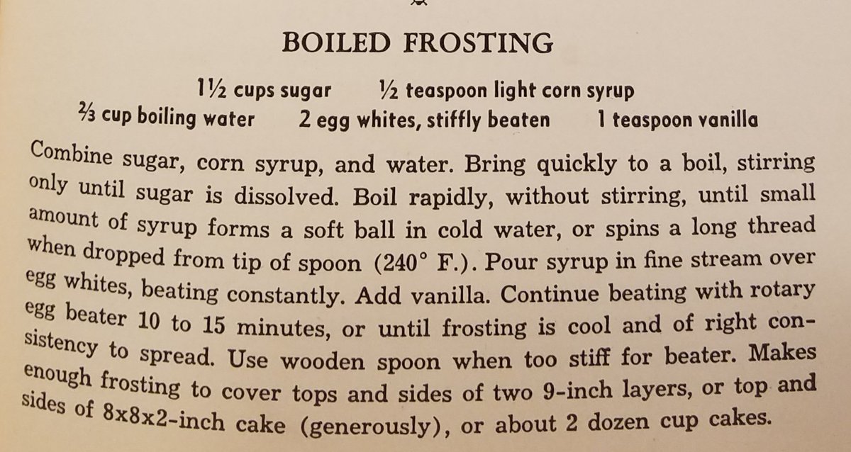 Re2OldFOOD's tweet photo. Boiled Frosting -- 1930s
#oldrecipe #dessert #frosting
#BoiledFrosting #sugar #vanilla
#lightcornsyrup #boilingwater
#eggwhites #1930srecipe
#depressioneracooking https://t.co/FaraCRQ4NC