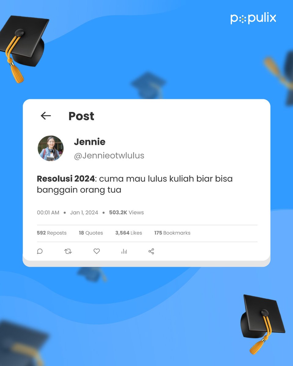 populixco's tweet photo. Konon katanya, Mbak Jennie punya resolusi di tahun 2024 ini sebelum comeback BLACKPINK , kalo doi pingin banget pakai topi toga biar bisa banggain abeoji dan eomeoninya lho!
Kalian ada yang punya resolusi yang sama kayak mba Jennie gak nih ges? #Poplite #DibantuPoplite #SolusiSkripsi #SurveyOnline #Penelitian #Skripsi #kuesioner #sidangskripsi #respondensurvei #luluskuliah #tipskuliah
