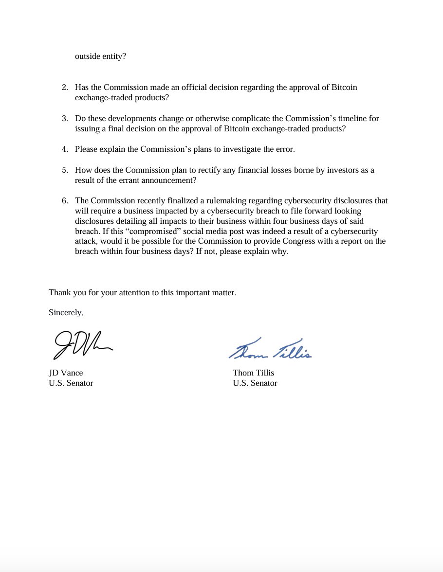 SenVancePress's tweet photo. 🚨BREAKING: Senators @JDVance1 &amp; @SenThomTillis Demand Explanation For The SEC's Errant Announcement Of The Approval Of Spot-Bitcoin ETFs

"It is unacceptable that the agency entrusted with regulating the epicenter of the world’s capital markets would make such a colossal error." https://t.co/xG77jM9xAM