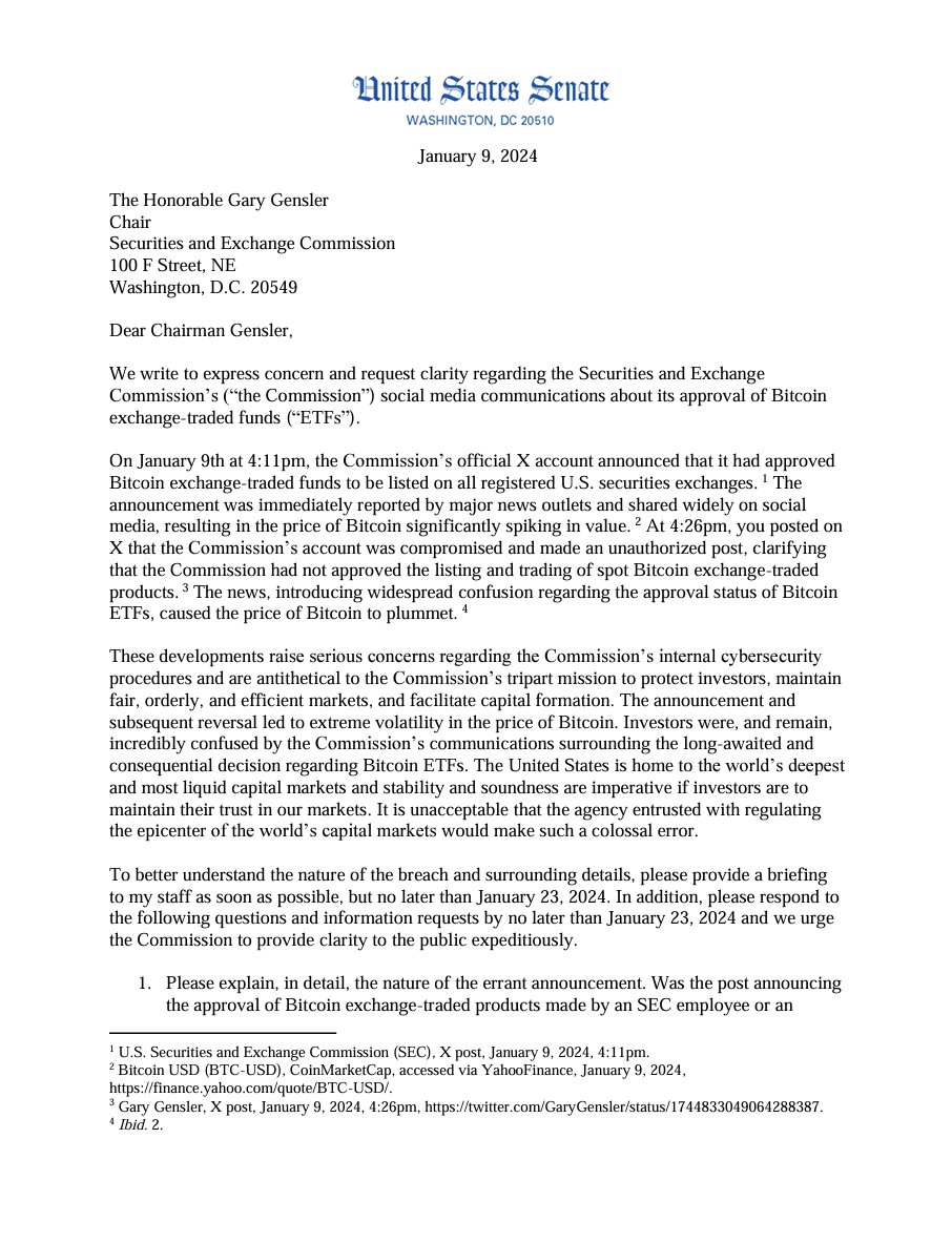 SenVancePress's tweet photo. 🚨BREAKING: Senators @JDVance1 &amp; @SenThomTillis Demand Explanation For The SEC's Errant Announcement Of The Approval Of Spot-Bitcoin ETFs

"It is unacceptable that the agency entrusted with regulating the epicenter of the world’s capital markets would make such a colossal error." https://t.co/xG77jM9xAM