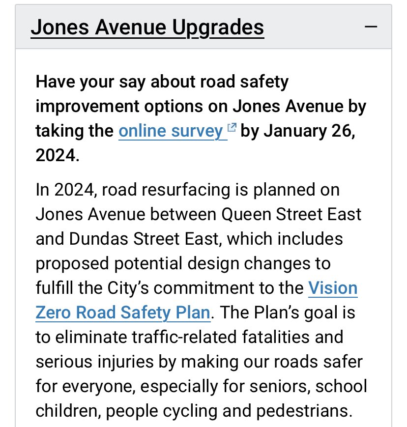 This is #TorontoDanforth Have your say about road safety improvement options on Jones Avenue by taking the online survey ￼ by January 26, 2024. s.cotsurvey.chkmkt.com/?e=369653&d=l&… Asking @juliedabrusin @TruseeSara & @peter_tabuns to help #Amplify h/t @biketo @CycleToronto @TCATonline
