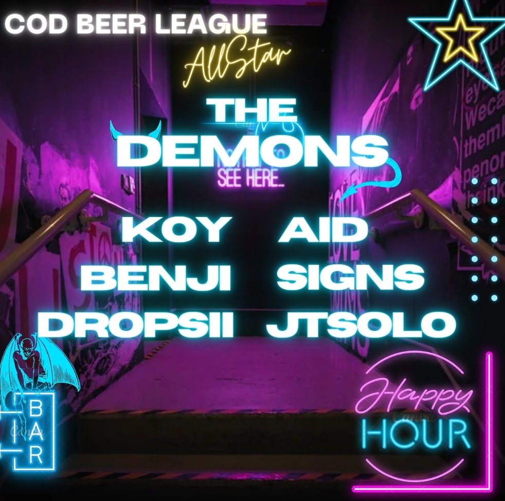 CoDBeerLeague's tweet photo. ⭐️ALLSTAR DEMONS⭐️
Our first round of AllStar Players are here and boy are they heavy hitters!
These AllStars Fry Out and carry every week while keeping the drinks flowing!
These are your CBL Demons 😈
@KoyPondSpotify @AidBrotha @BenjiiSlays @MrSirSigns @DropsiiCOD @xJTSolo https://t.co/O7DjIRgS87