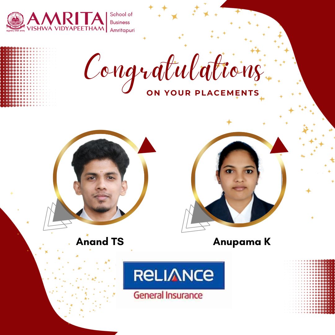 Hearty Congratulations Anand TS & Anupama K for your placement with Reliance General Insurance Co. Wishing you a successful and fulfilling career ahead!#proudamritians #ASB #amritapurimba #asbamritapuri #amritaschoolofbusiness #Career #RelianceGeneralInsurance #achievement