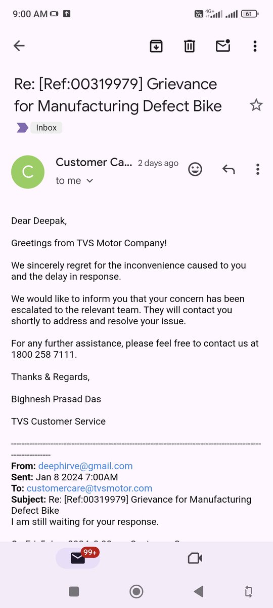 d__hirve's tweet photo. Hello @tvsmotorcompany still waiting for your response else have to raise issue at consumer affairs 

Dear DEEPAK HIRVE, Your Grievance Id is TVS_Gr_20243117741. Thank you for reaching TVS Motor https://t.co/WuTBfCq22U