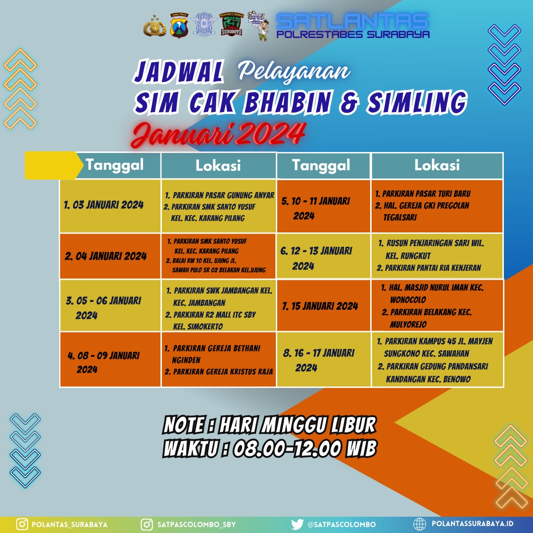 e100ss's tweet photo. #InfoSIM - Berikut jadwal layanan SIM Cak Bhabin dan perpanjangan SIM sampai 17 Januari 2024 di wilayah Surabaya. (odp-rn) https://t.co/vlYT8cg7Go