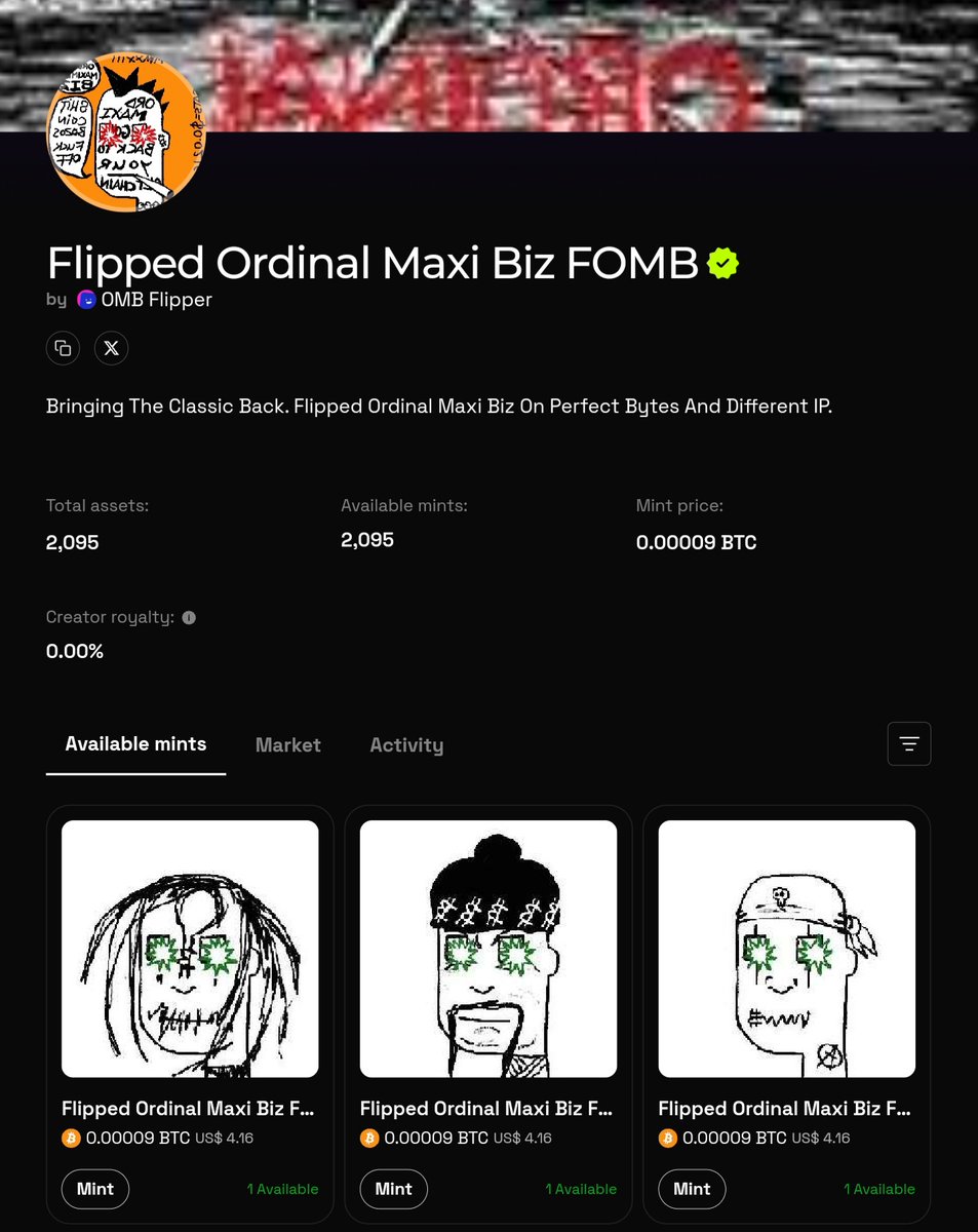 flippedmaxibiz's tweet photo. Again this is not mine , we launched last night stealth .  Ours only cost $1.55 0.0000333. Don't be fooled mint link below for the OG flipped maxis . Airdrop 🎁 for first 500 minters  
https://t.co/v8eywCgkyb
#ordinals #bitcoin #btc #mint #etf #okx #ordzaar #ordi #src20 #stamp https://t.co/fPYZhO541T