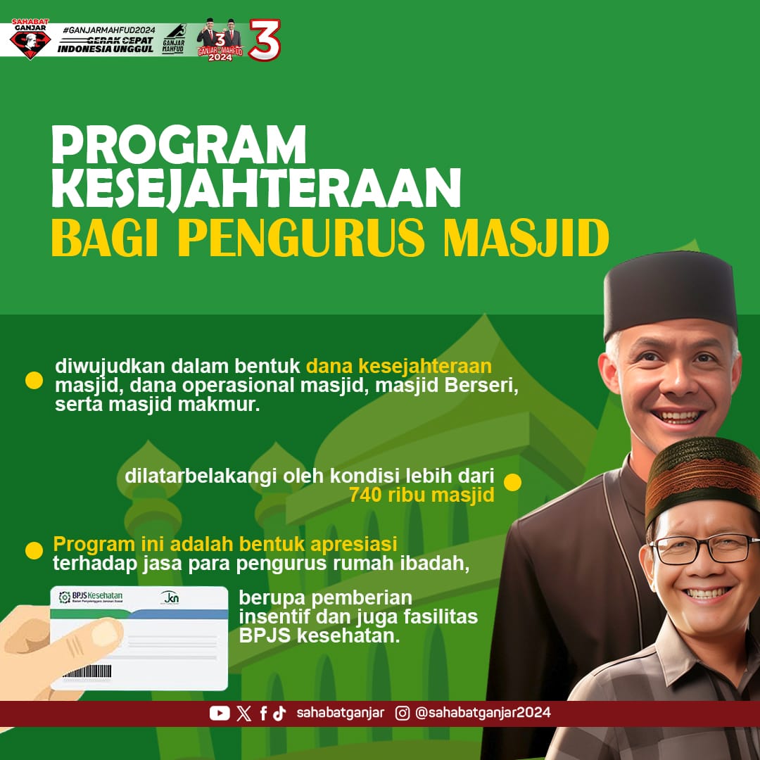 Ganjar-Mahfud siap memberikan kesejahteraan bagi kelompok masyarakat di Indonesia yg beragam. Salah satunya memberikan kesejahteraan bagi pengurus masjid di Indonesia. Seperti apa programnya? Berikut penjelasannya.
#SahabatGanjar #GanjarMahfud2024 #PastiLebihBaik #SatSetLebihBaik