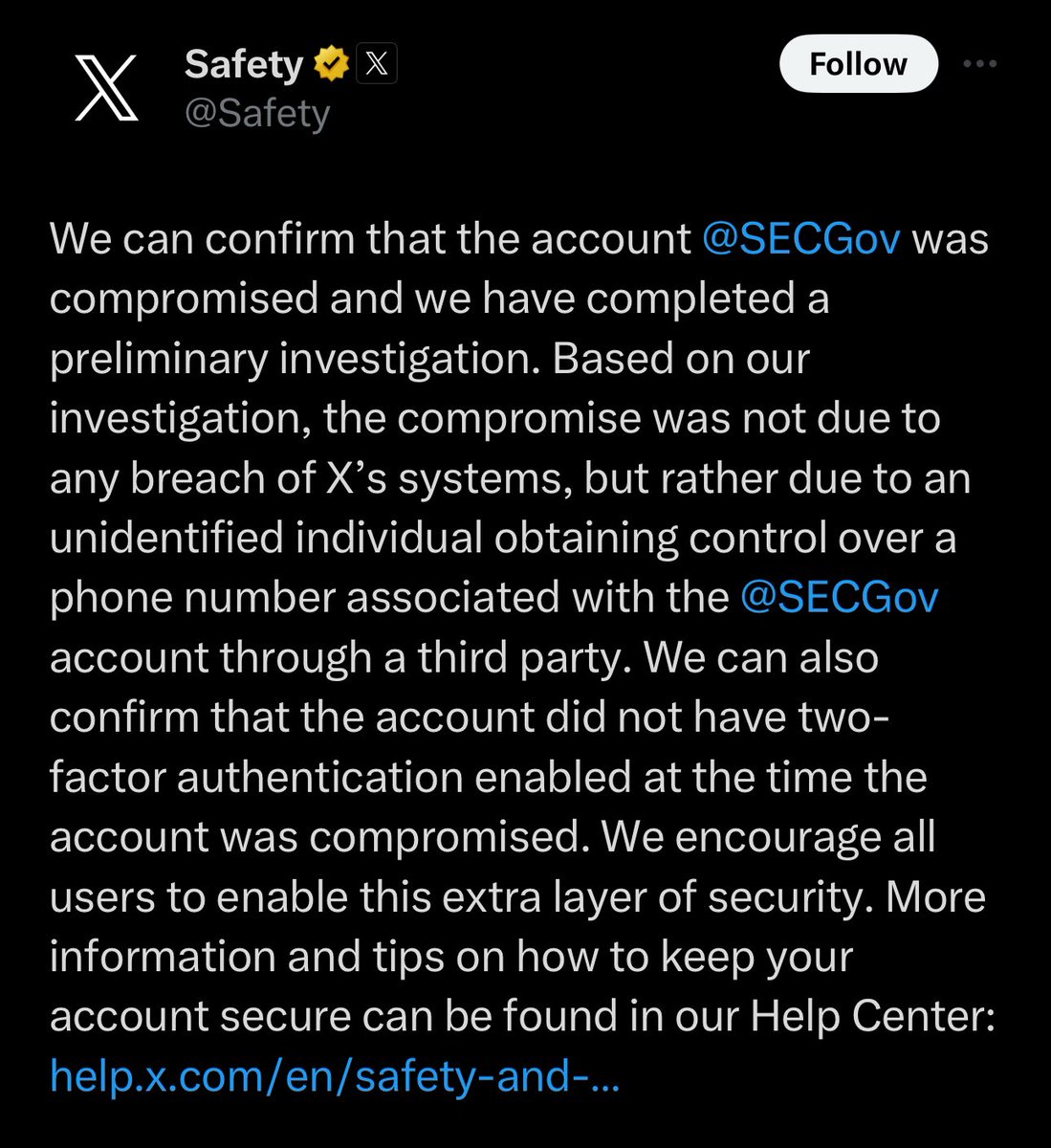 WatcherGuru's tweet image. JUST IN: X confirms the SEC&apos;s account was hacked and did not have two-factor authentication enabled.