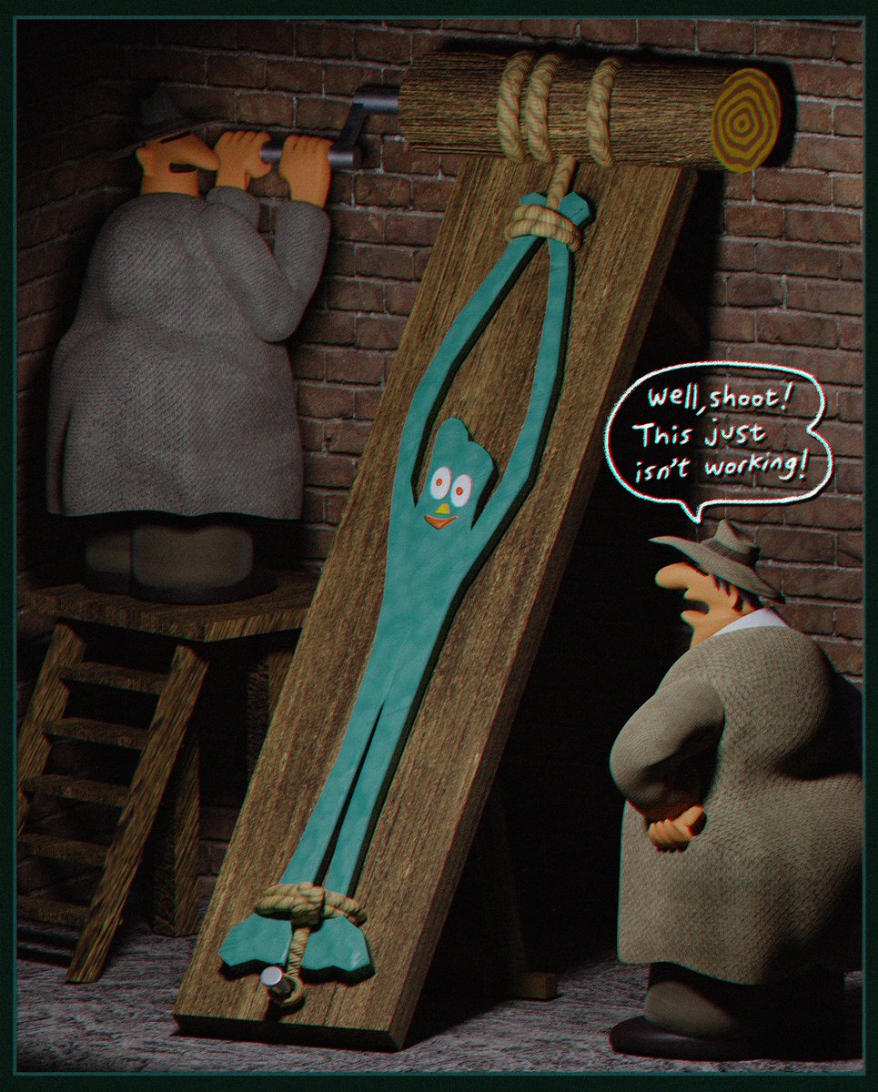 everydaylouie's tweet photo. Special Agent Gumby falls into the frustrated hands of the enemy.

(Far Side panel recreation in Blender!) https://t.co/bZYO1TRPFX