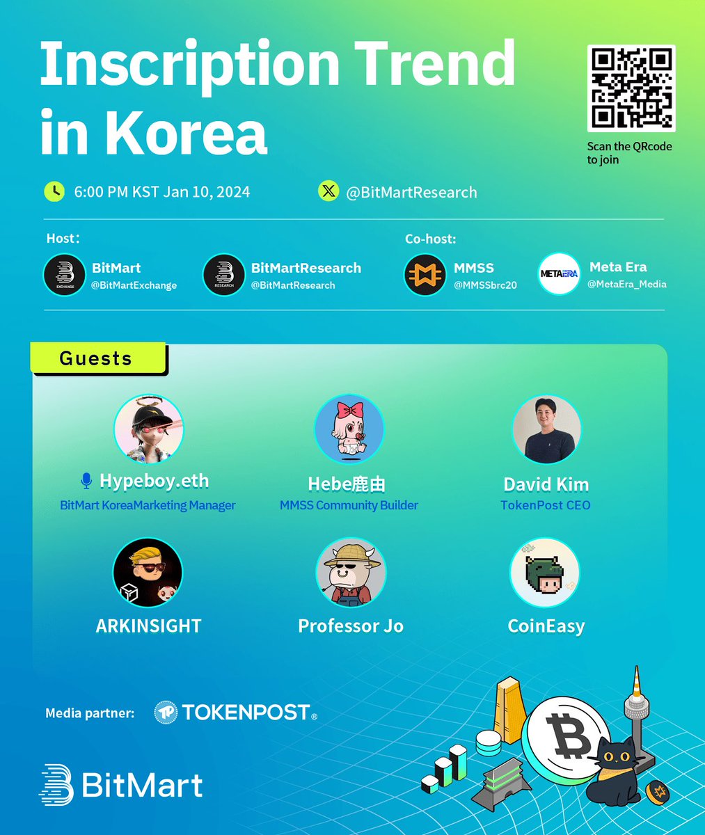 BitMartResearch's tweet photo. 🚨 #AMA Alert 🚨
🔥 AMA Theme: Inscription Trendin Korea 🔥
🤔Want to know about the development trends of inscriptions in Korea? 
🧐Interested in the next hot topic in the world of crypto? Join our AMA now!"🔥

🎙️ Host: @BitMartExchange @BitMartResearch 
🎙️ Co-host: @MMSSbrc20 @MetaEra_Media 
💬 Speakers:@David_Kim_Jiho, @tokenpostkr @Hypeboy_eth, @hebe9449, @ArkInsight,  @Coiniseasy and @0xProfessorJo

⏰: Jan 10, 6 PM KST
🔗 https://t.co/SSfjWglNM9
